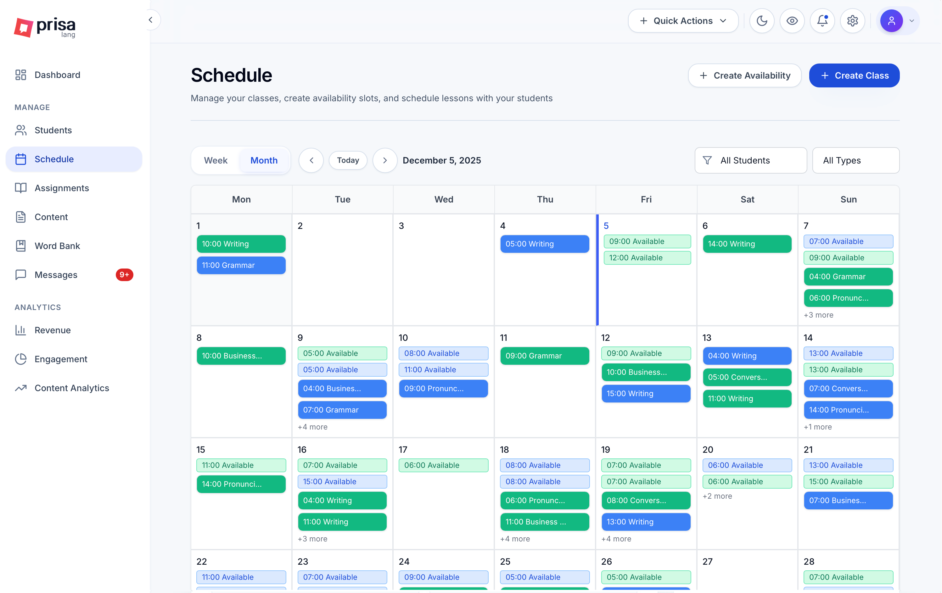 PrisaLang Tutor Suite - Schedule Management
